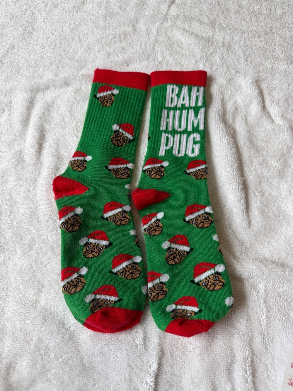 Bah Hum Pug Holiday Crew Socks in Green